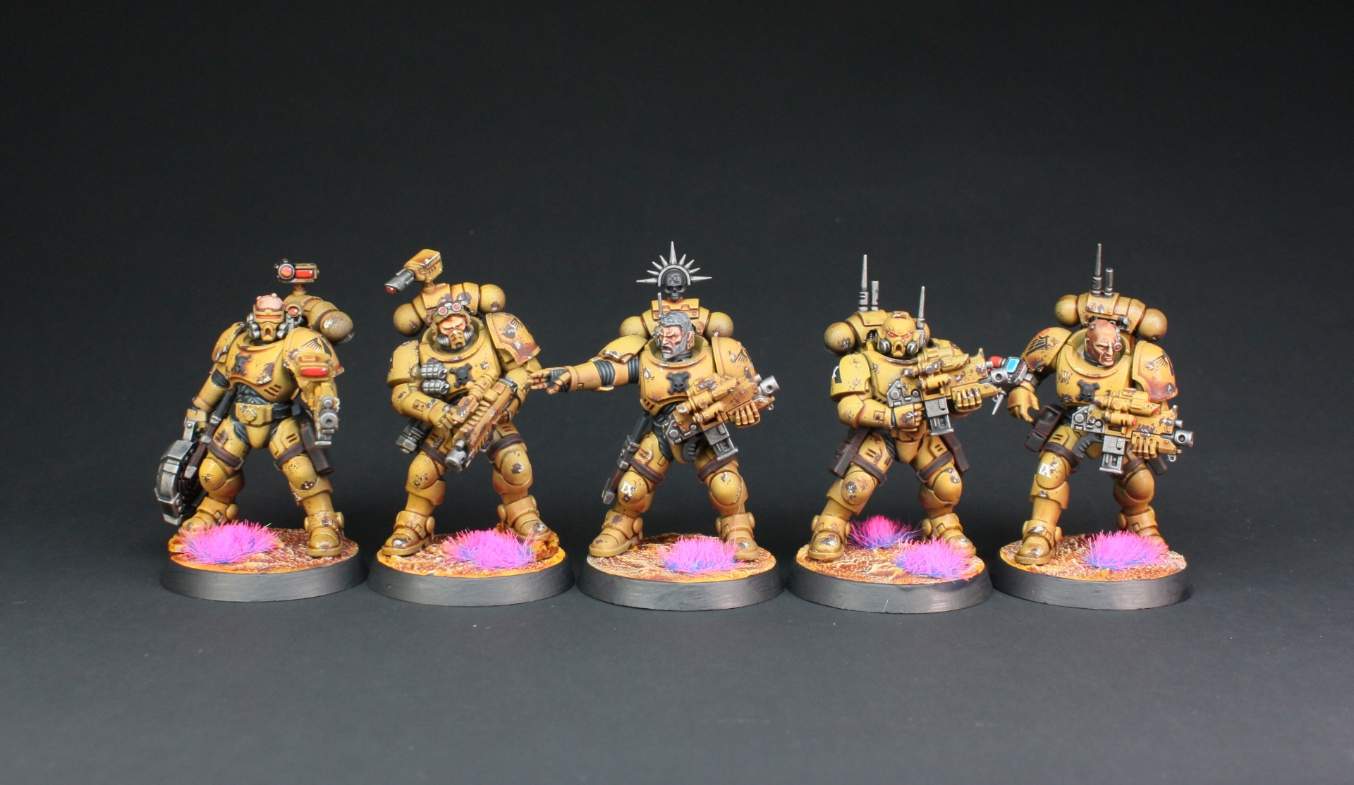 Custom chapter Space Marines in desert yellow armour with pink tufts