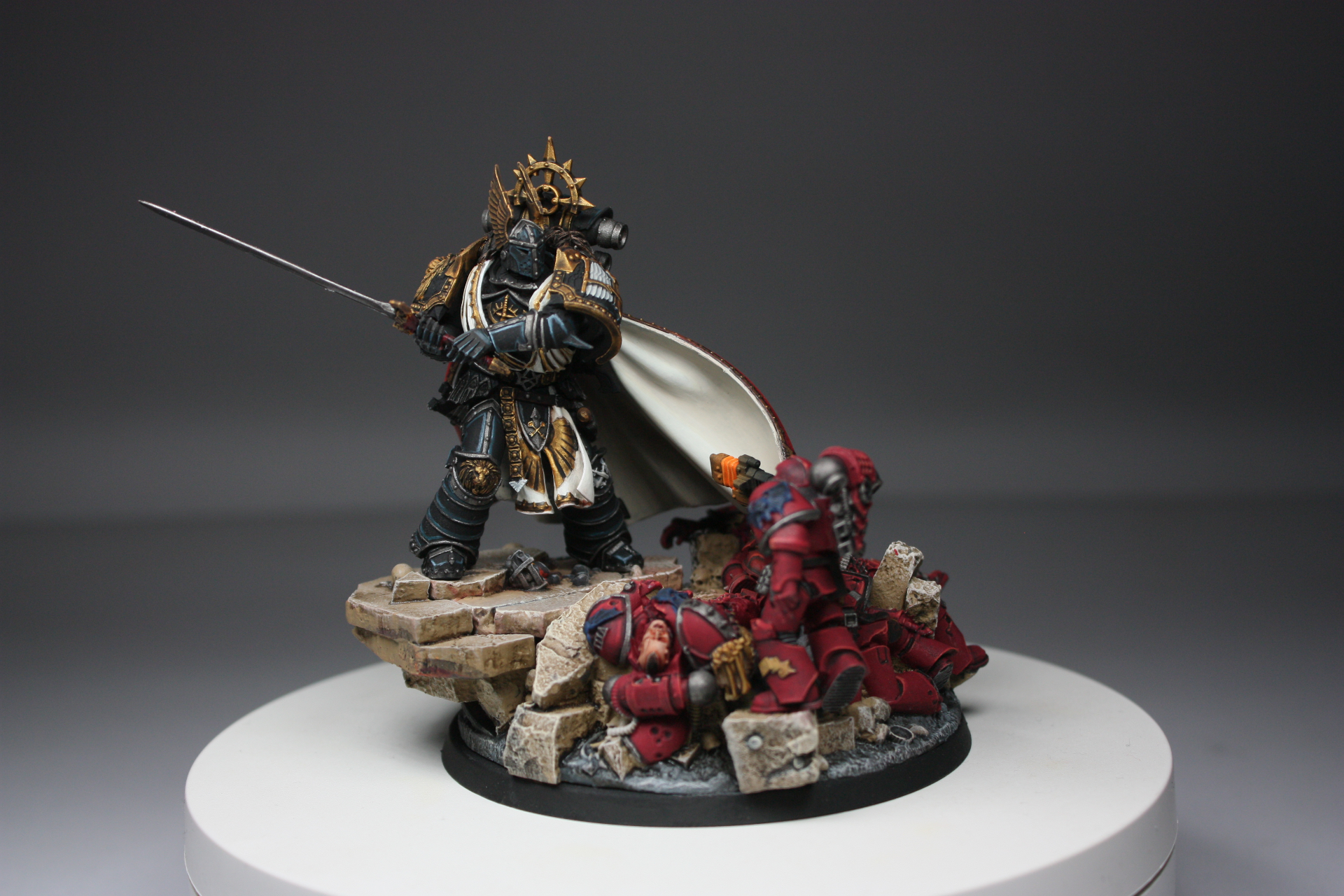 The Lion El'Jonson primarch display piece with drawn sword over fallen Blood Angels