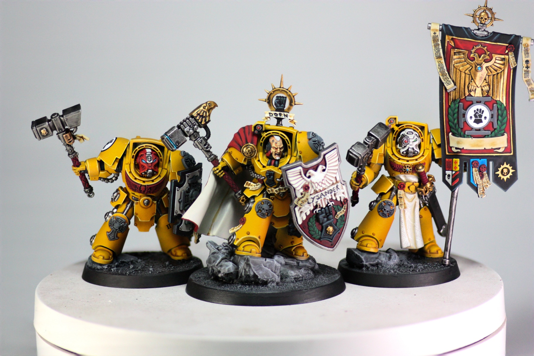 Imperial Fists terminator characters including Lysander and a standard bearer