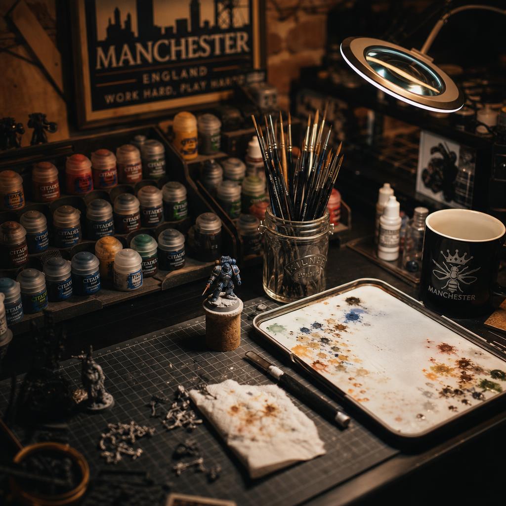 Overhead view of Alex's miniature painting workshop desk under warm lamp light